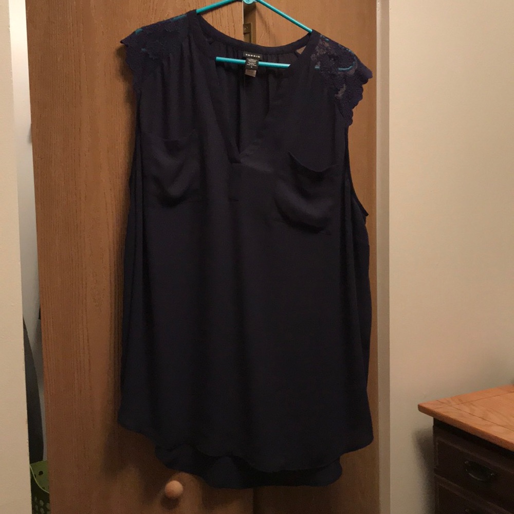 Navy Blue high low tank with embroidered sleeves